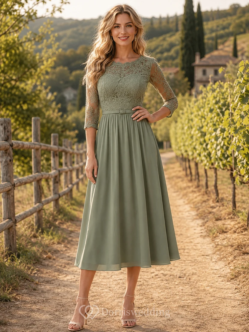 Vestido de campo de gasa de encaje con escote barco, mangas tres cuartos, corte en A y largo hasta la rodilla, color verde celadón toscano.