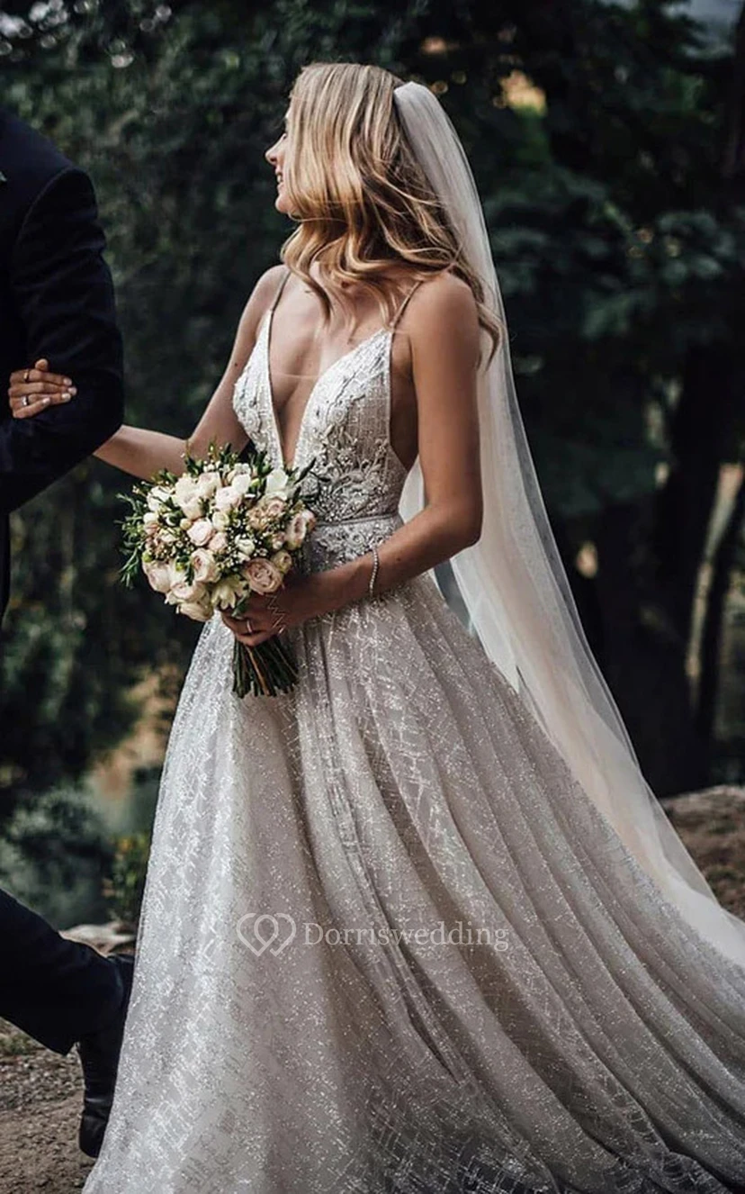 Spaghettiträger-Ballkleid, A-Linie, sexy, perlenbesetzt, plissiert, Boho-Hochzeitskleid