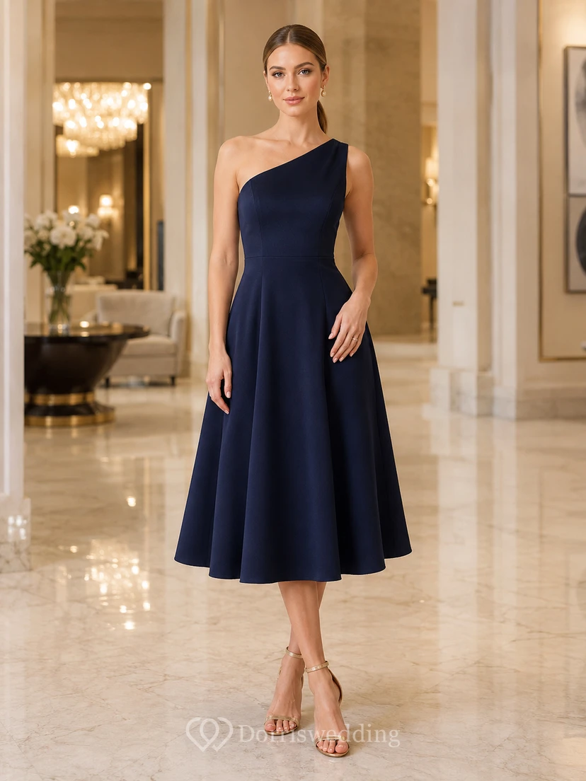 Dark Navy One-Shoulder Fit Flare Midi Dress