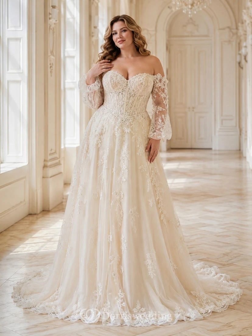 Vestido de novia formal de sirena de talla grande con hombros descubiertos, romántico y elegante.