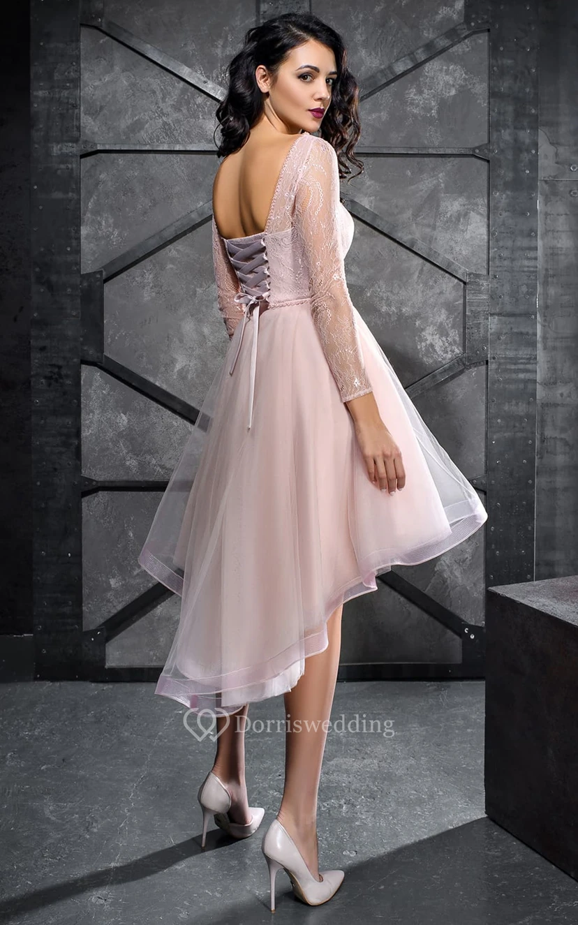 Sexy Bateau A Line Lace and Tulle Knee-length Prom Dress with Ruffles view 2