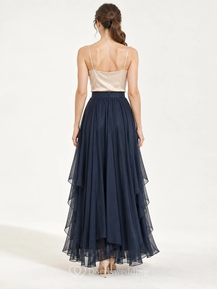 Vintage Dark Navy Layered Ruffle Chiffon Ankle-length A-line Skirt view 2