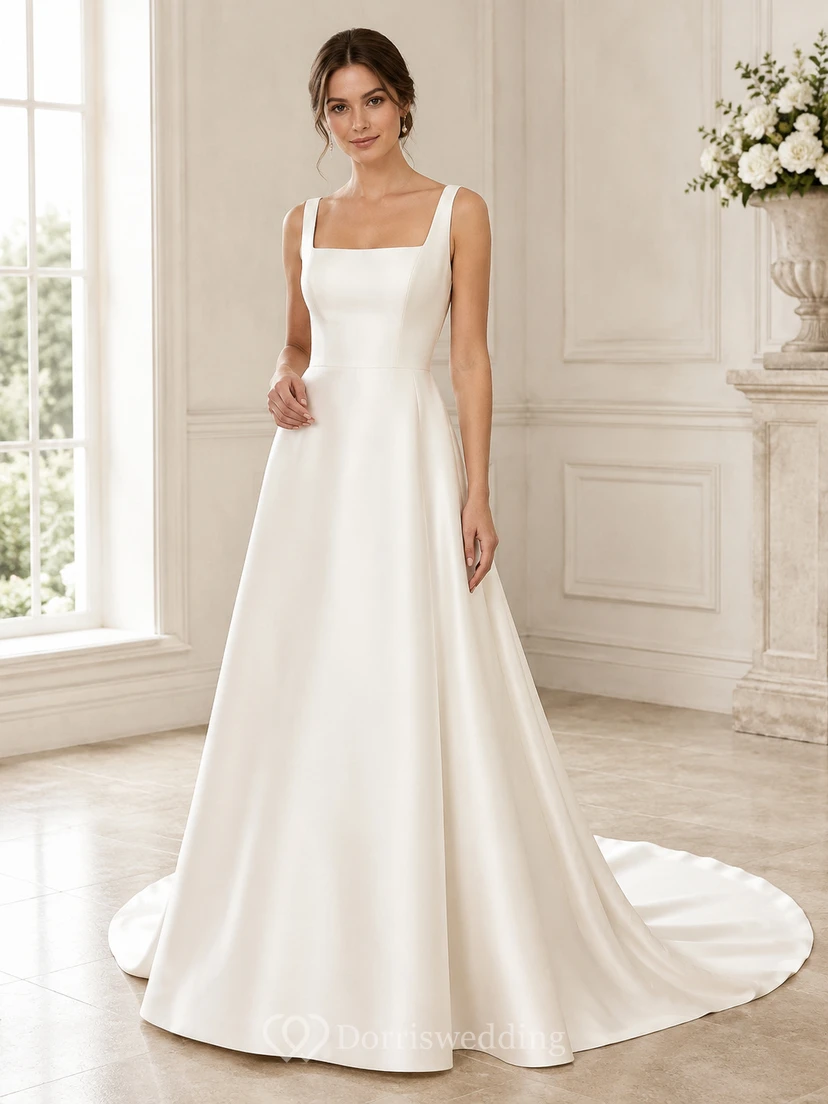 Vestido de novia minimalista de satén, corte en A, escote cuadrado, sin mangas, cola larga.