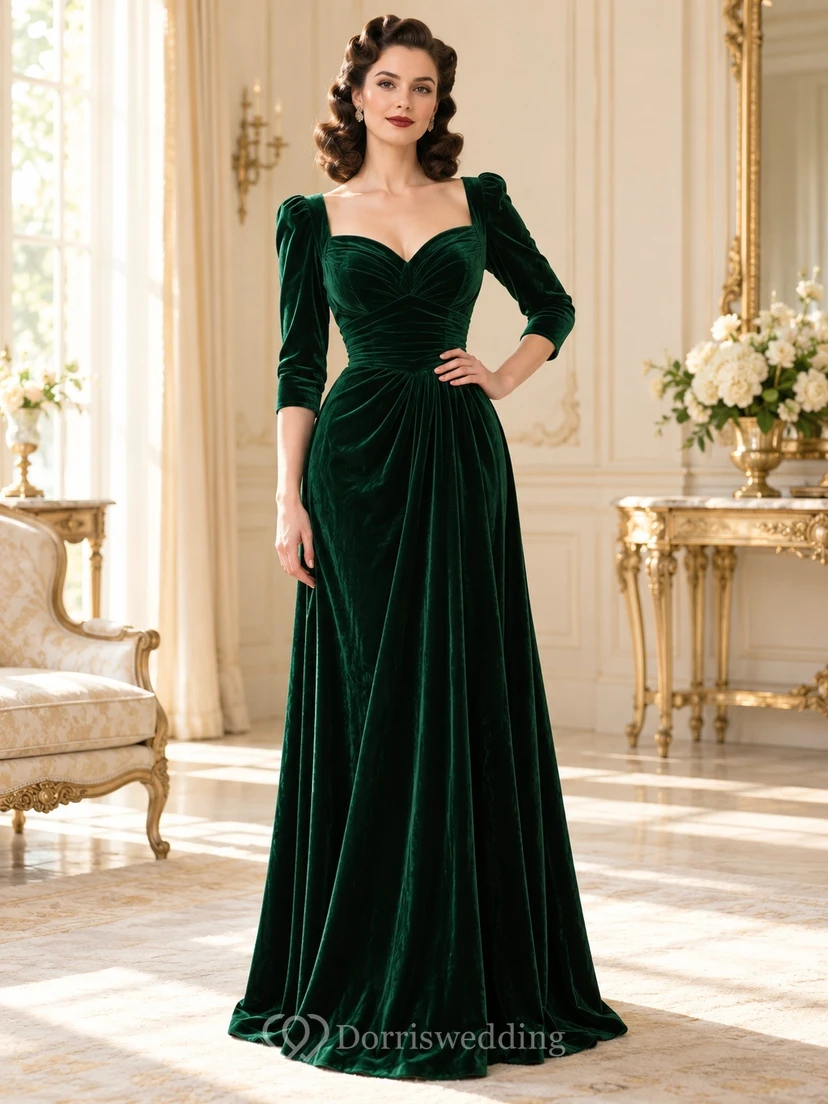 Vintage Dark Green Sweetheart Three Quarter Sleeve Velvet Evening Dress