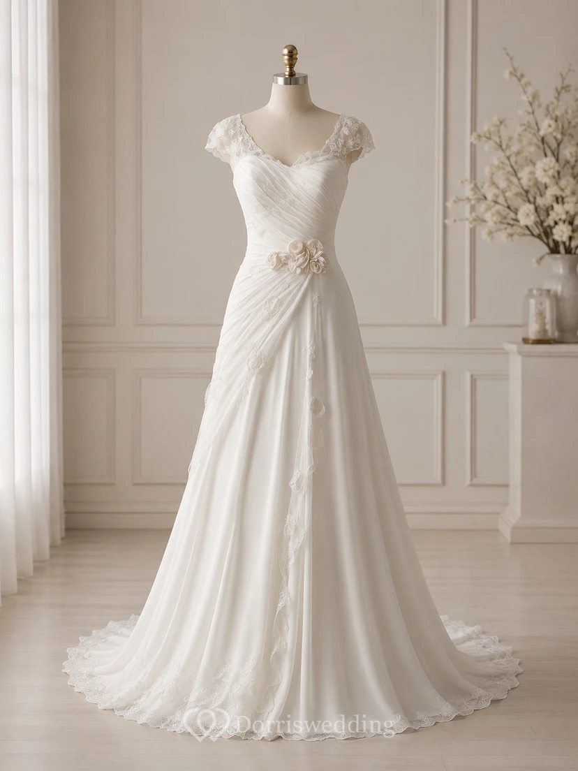 V-neck Cap Empire Chiffon Ruched Draped Wedding Dress with Tiers view 7