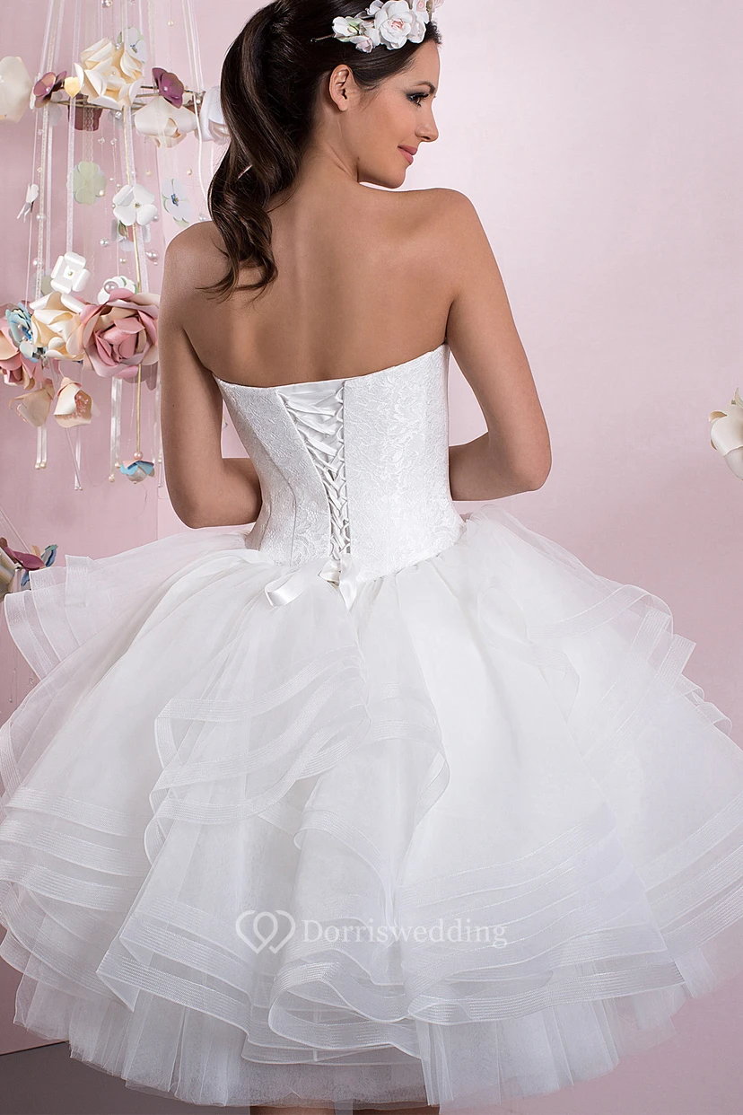 Knee-Length Sweetheart Tiered Beaded Tulle Wedding Dress With Flower And Lace Up view 2