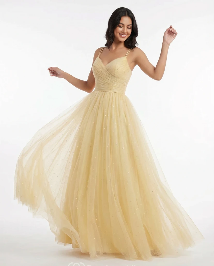 Robe de bal en tulle à paillettes couleur jonquille, coupe trapèze, bretelles spaghetti doubles
