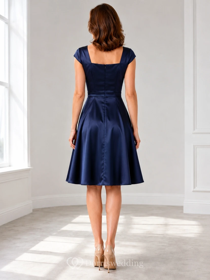 Dark Navy Square Neck Cap Sleeve Satin A-Line Knee-Length Elegant Cocktail Dress view 2