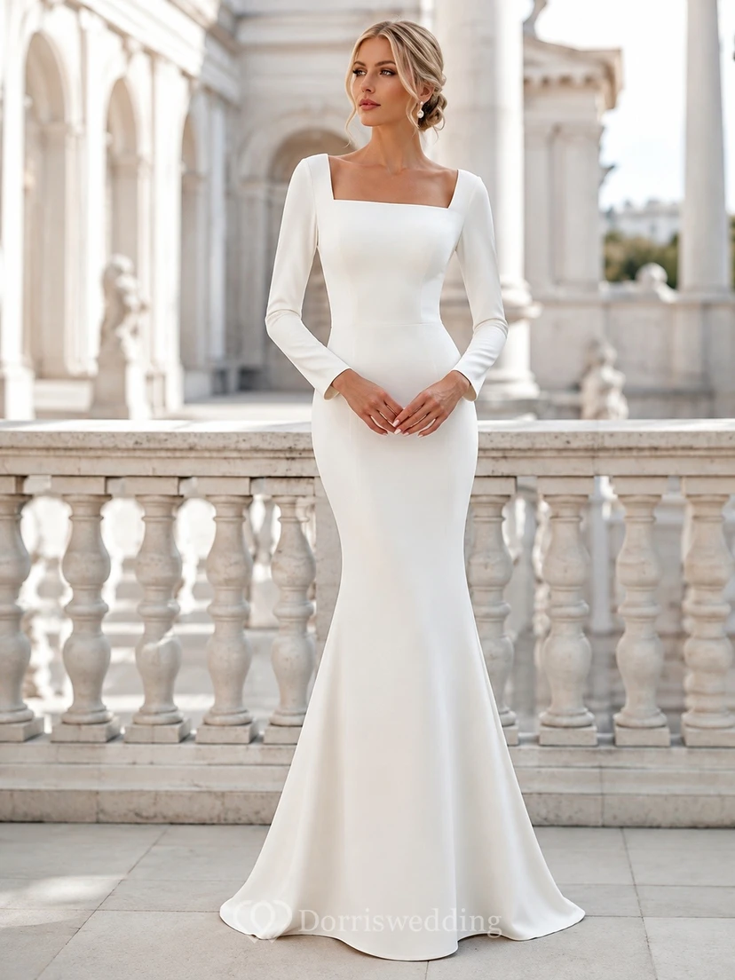 Vestido de novia sencillo de satén estilo sirena, largo hasta el suelo, con escote cuadrado y mangas largas.