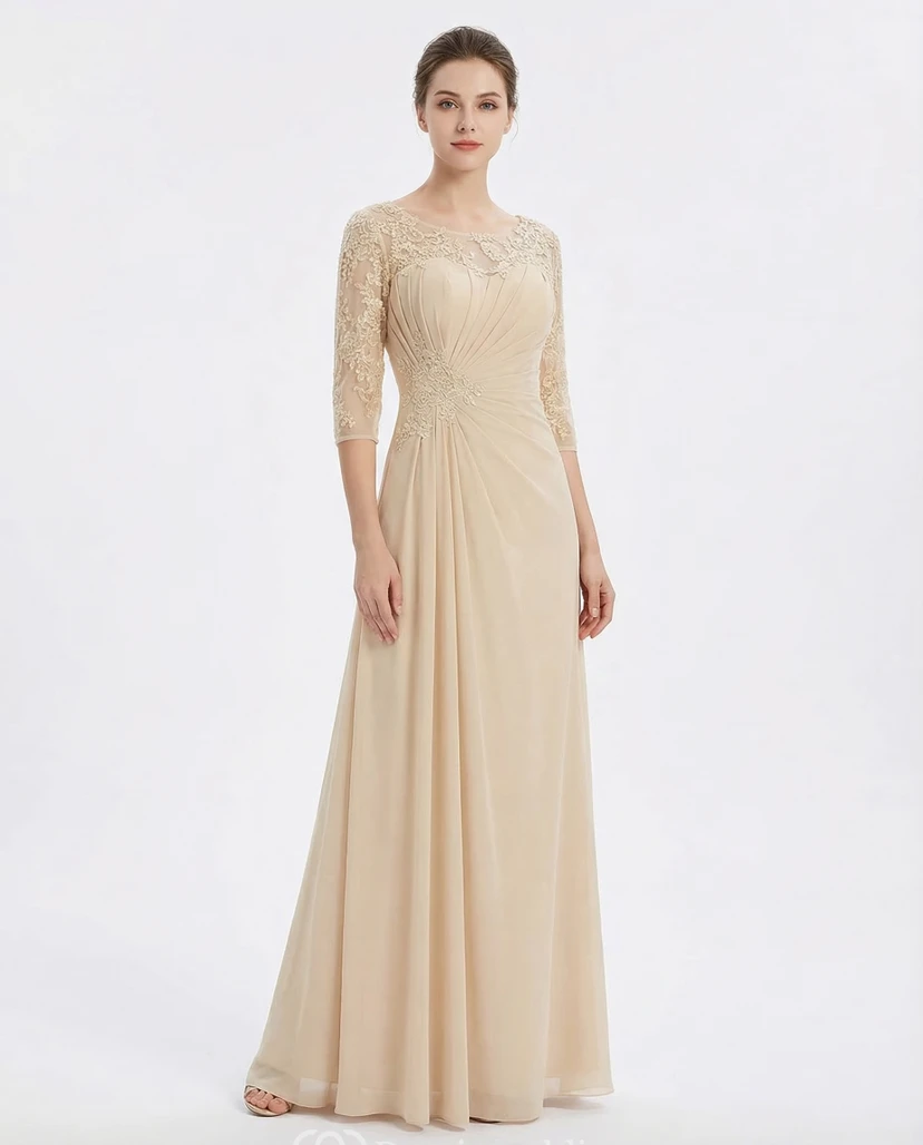 Bateau Neck Half Sleeve Chiffon Applique Gown