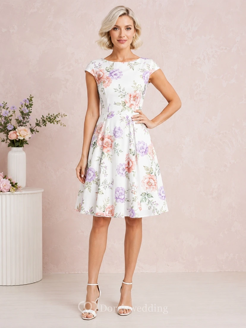 Kurzes weißes Cocktailkleid mit Blumenmuster, U-Boot-Ausschnitt und kurzen Ärmeln in A-Linie