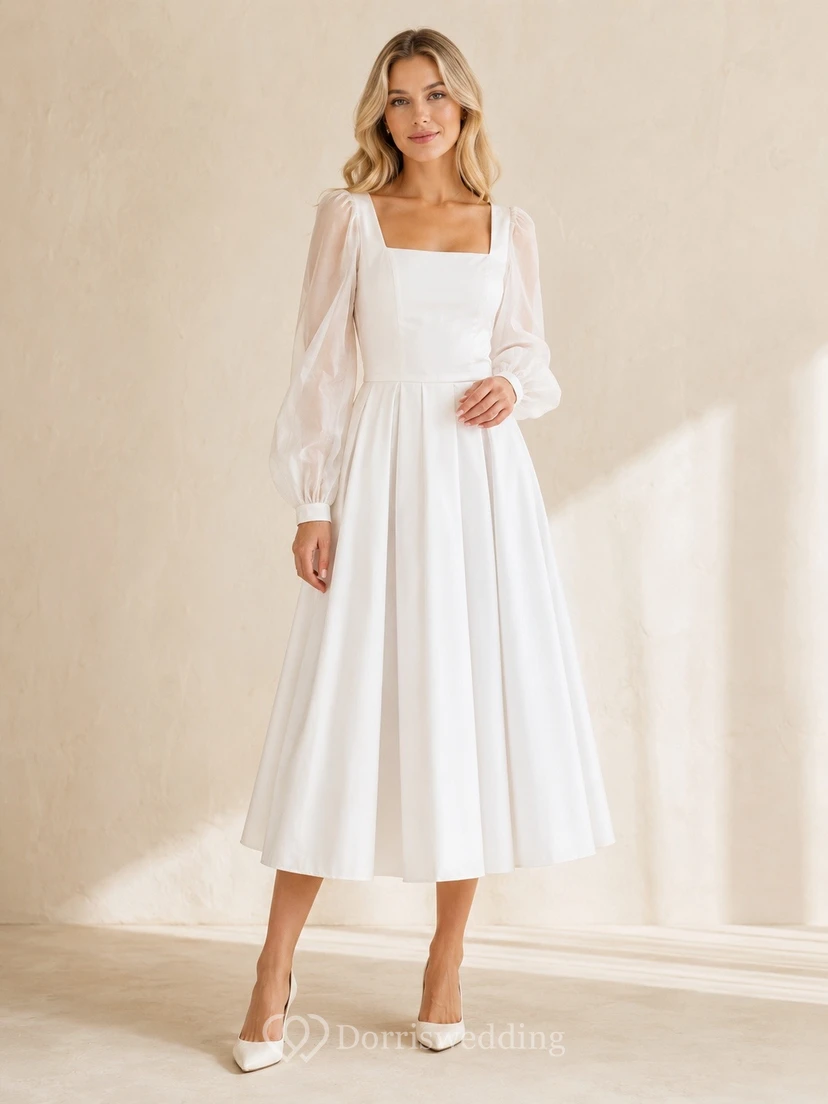 Langärmeliges, schlichtes weißes Kleid in Teelänge mit eckigem Ausschnitt und A-Linien-Schnitt