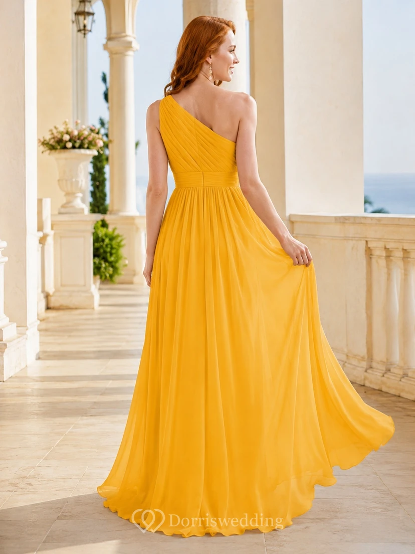 Vestido de gala romántico largo hasta el suelo, de gasa plisada de un solo hombro, color narciso, corte en A. view 2
