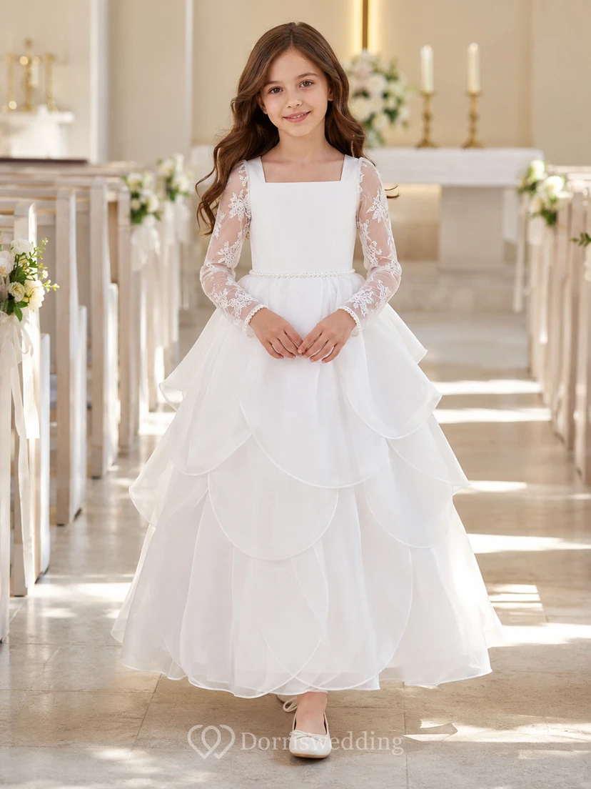Weißes Kommunionskleid für Blumenmädchen mit Organza-Spitze, Schmuckkragen, langen Ärmeln, Blütenblattrock und Knöchellänge