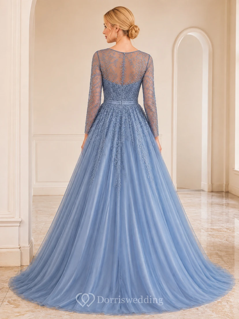 Regal Steel-Blue Bateau Illusion Long-Sleeve Lace Satin Ball-Gown Floor-Length Zipper Formal Evening Dress view 2