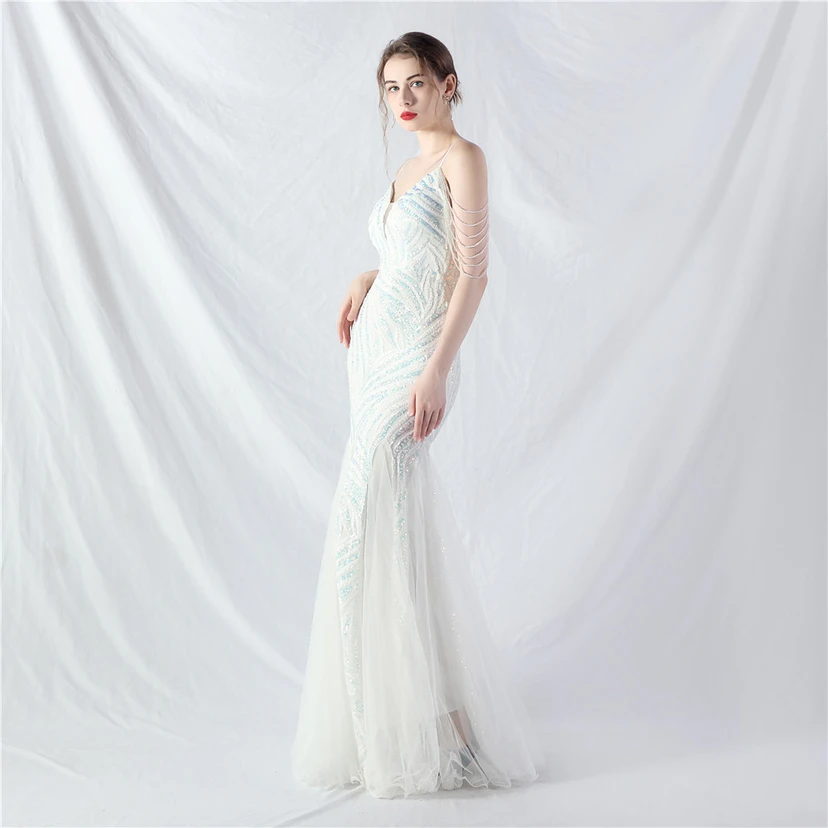 Layered Beads Spliced ​​Mesh High-End Evening Dress view 12