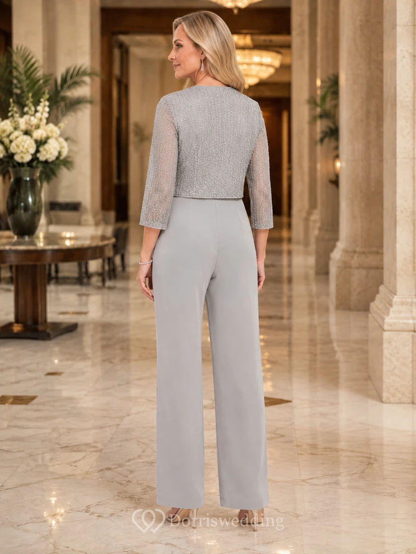 Silver Mother Jumpsuit with Jewel Neck Cropped Jacket and Wide Leg Pants view 2