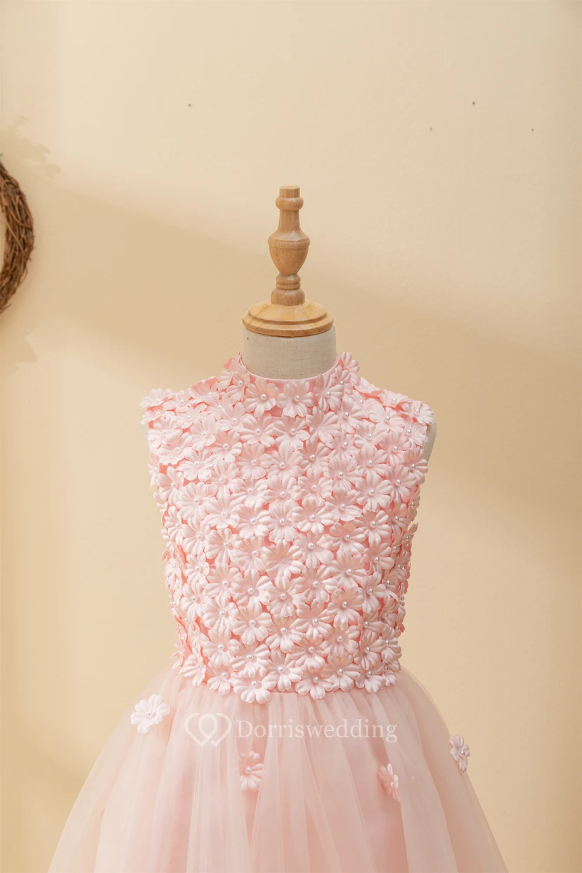 Adorable Jewel Sleeveless Tulle A-line Flowergirl Dress with Petal Top view 3