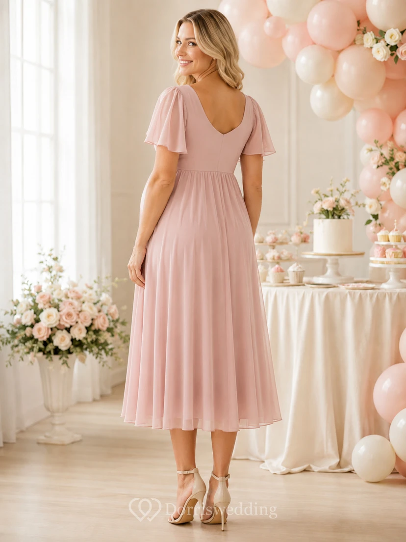 Tender Gathering Blush Empire Tea-Length Square Short-Sleeve Chiffon Romantic Maternity Dress view 2