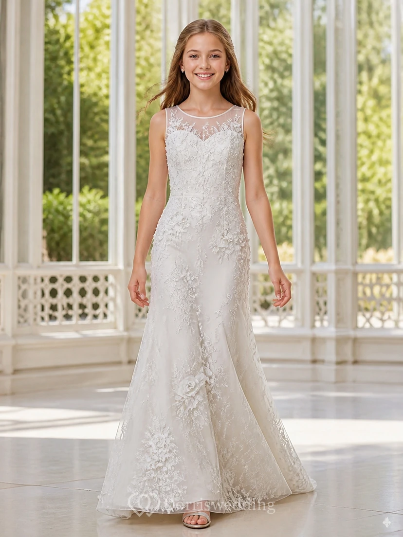 Modest Junior Bridesmaid Floor-length Sheath Scoop Sleeveless Applique Lace Dress
