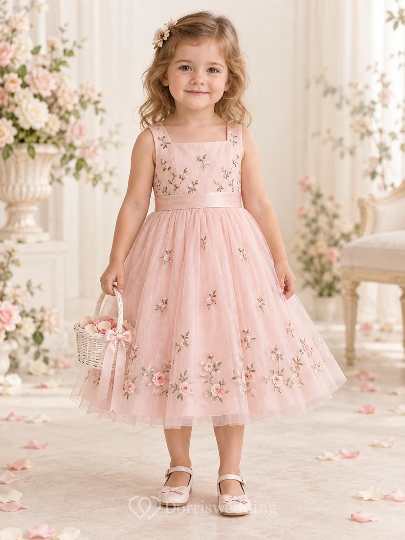 Teelanges, zartrosa geblümtes, sommerliches A-Linien-Kleid aus Tüll, ärmellos, mit Schleife am Rücken, für Blumenmädchen