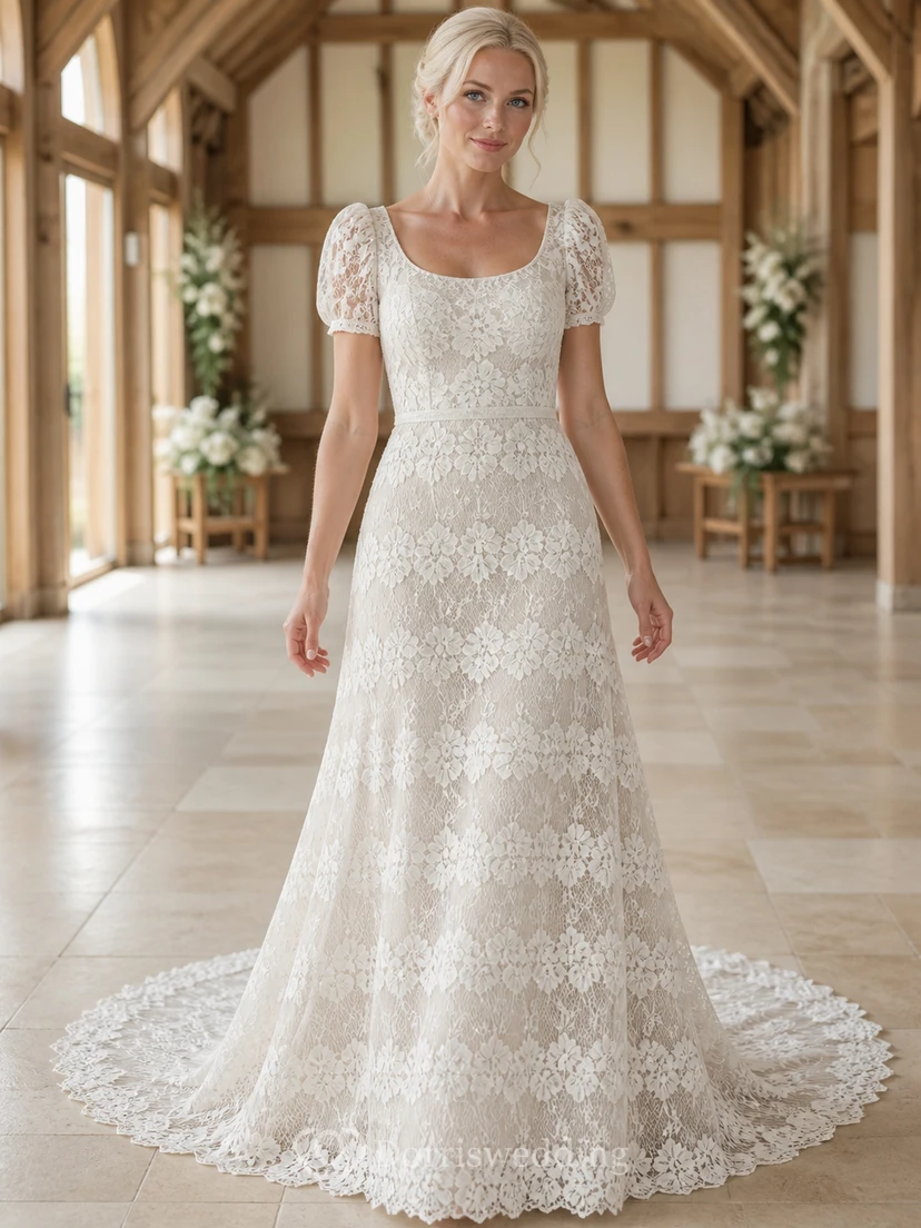 Vestido de novia catedral de corte A con escote cuadrado, mangas abullonadas y encaje floral