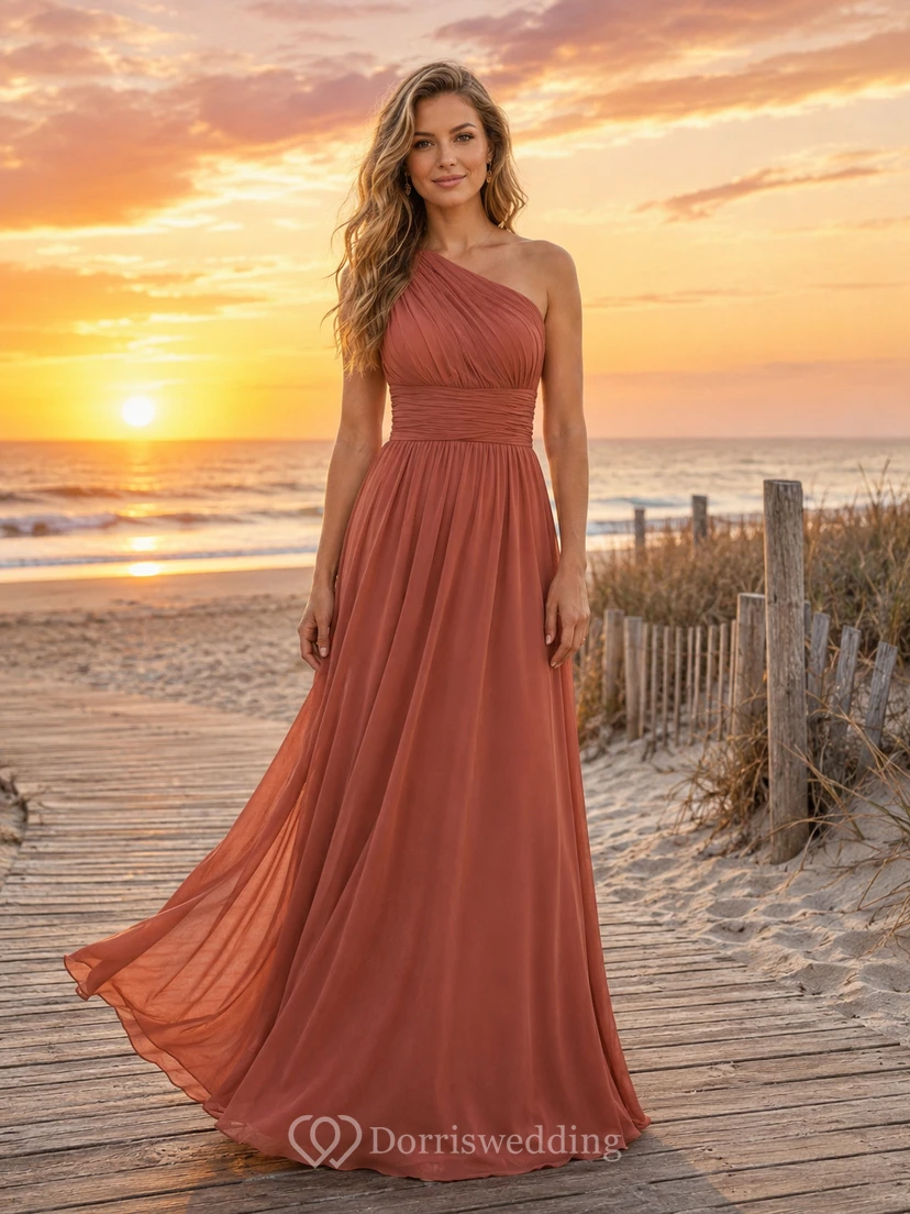 Papaya Sunset Beach A-Line Chiffon Bridesmaid Dress with Sleeveless One-Shoulder Bodice, Pleated Floor-Length Skirt and Low V Back