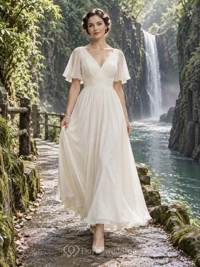 Einfaches Brautkleid in A-Linie mit V-Ausschnitt, kurzen, flatternden Ärmeln und Knöchellänge