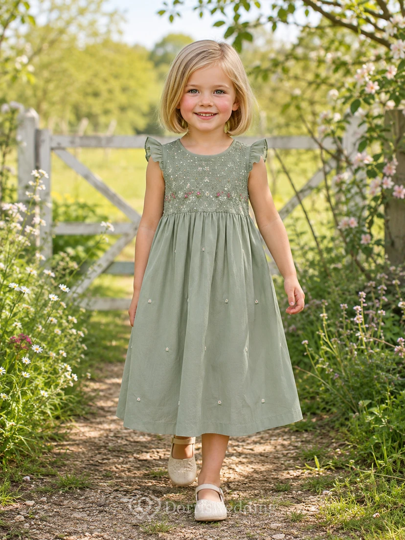 Vestido de niña de las flores color salvia, gasa, tul, corte en A, escote redondo, largo hasta la rodilla, plisado.