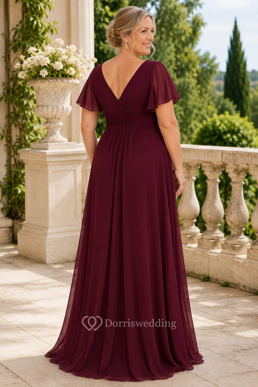 Burgunderfarbenes Chiffon-Kleid in A-Linie mit V-Ausschnitt und Rüschen view 2