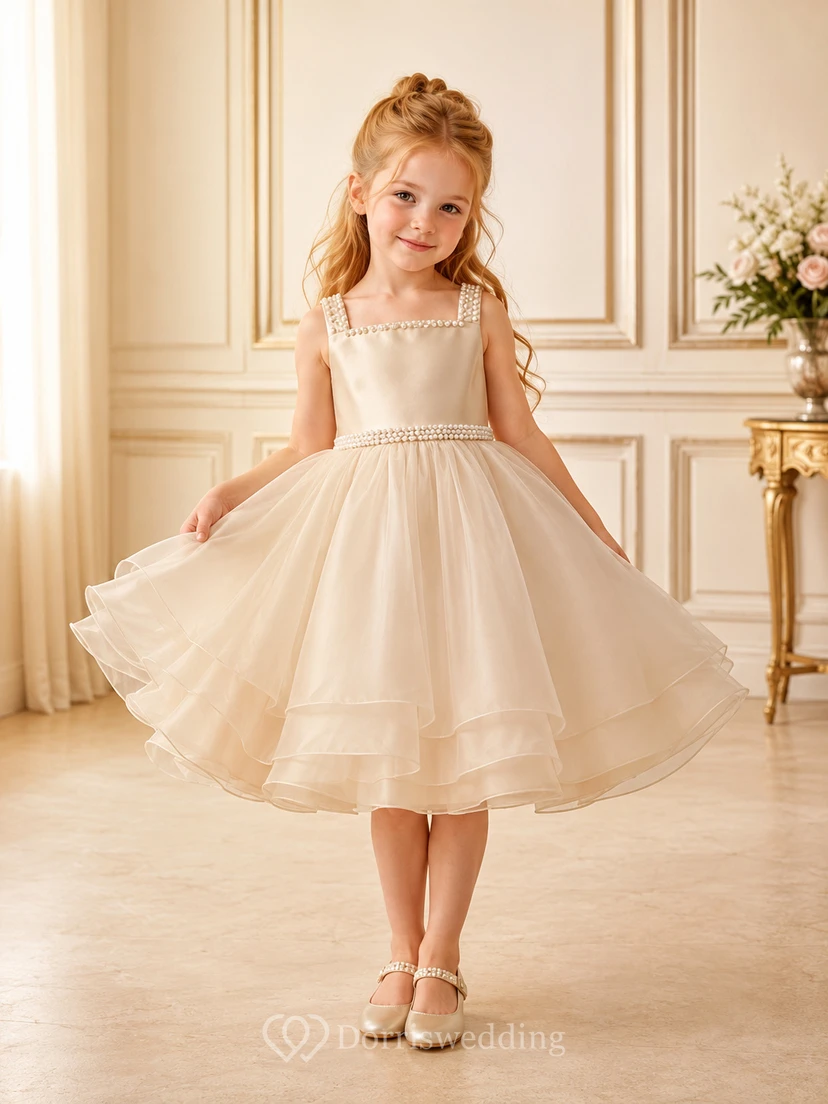 Elegantes, a-Linien-Kleid aus Tüll mit Spaghettiträgern und Teelänge für Blumenmädchen