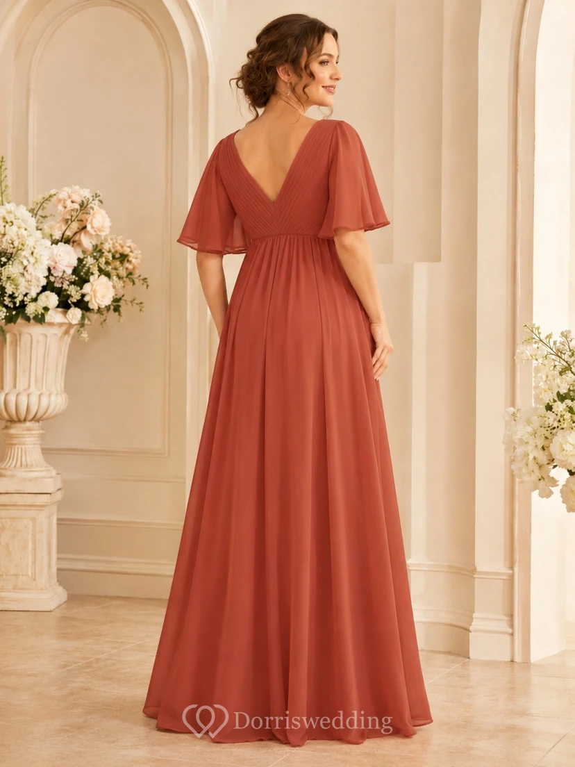 Terracotta Maternity V-Neck Short Sleeve Chiffon A-Line Floor Dress view 2