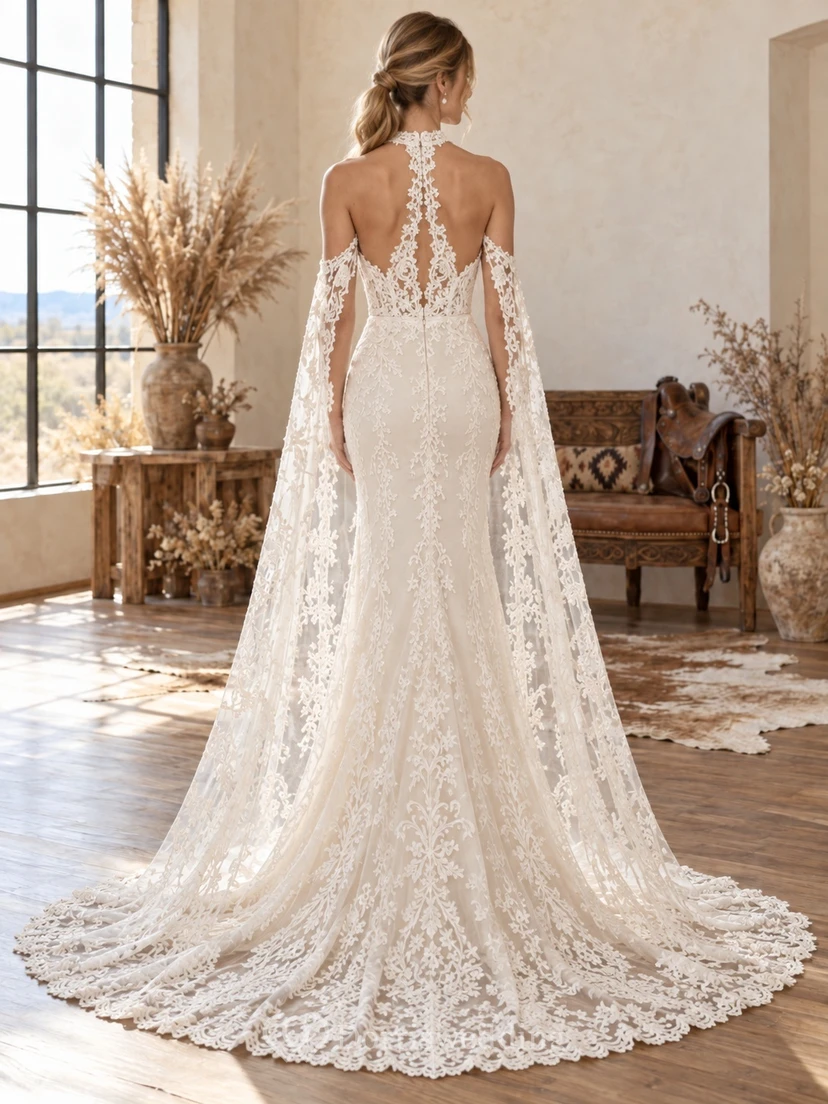 Boho Western Halter Open Back Cape Sleeve Lace Mermaid Wedding Dress view 2