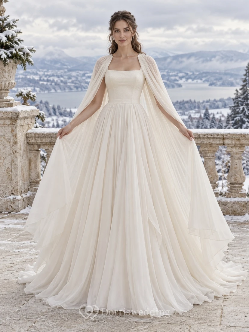 Simple Square Neck Winter Pleated Chiffon Cape A-line Wedding Dress