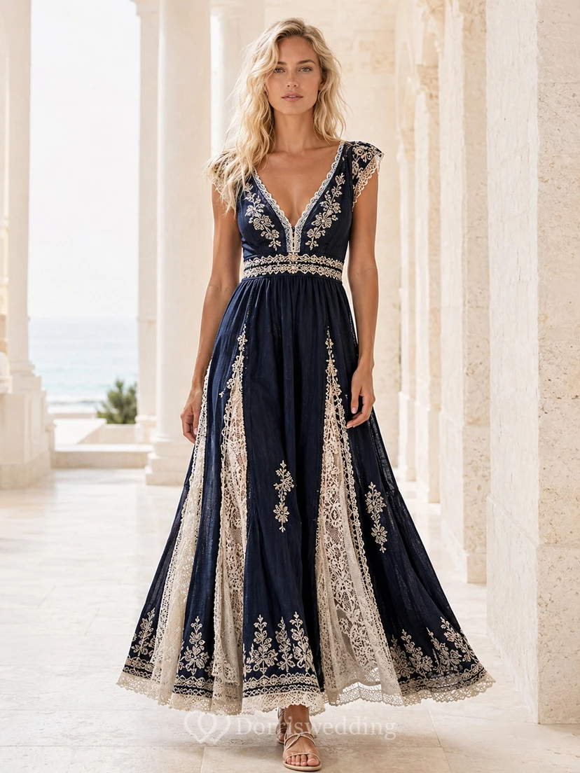 Luxuriöses, dunkelblaues, besticktes, mediterranes A-Linien-Kleid mit V-Ausschnitt, bodenlang, ärmellos