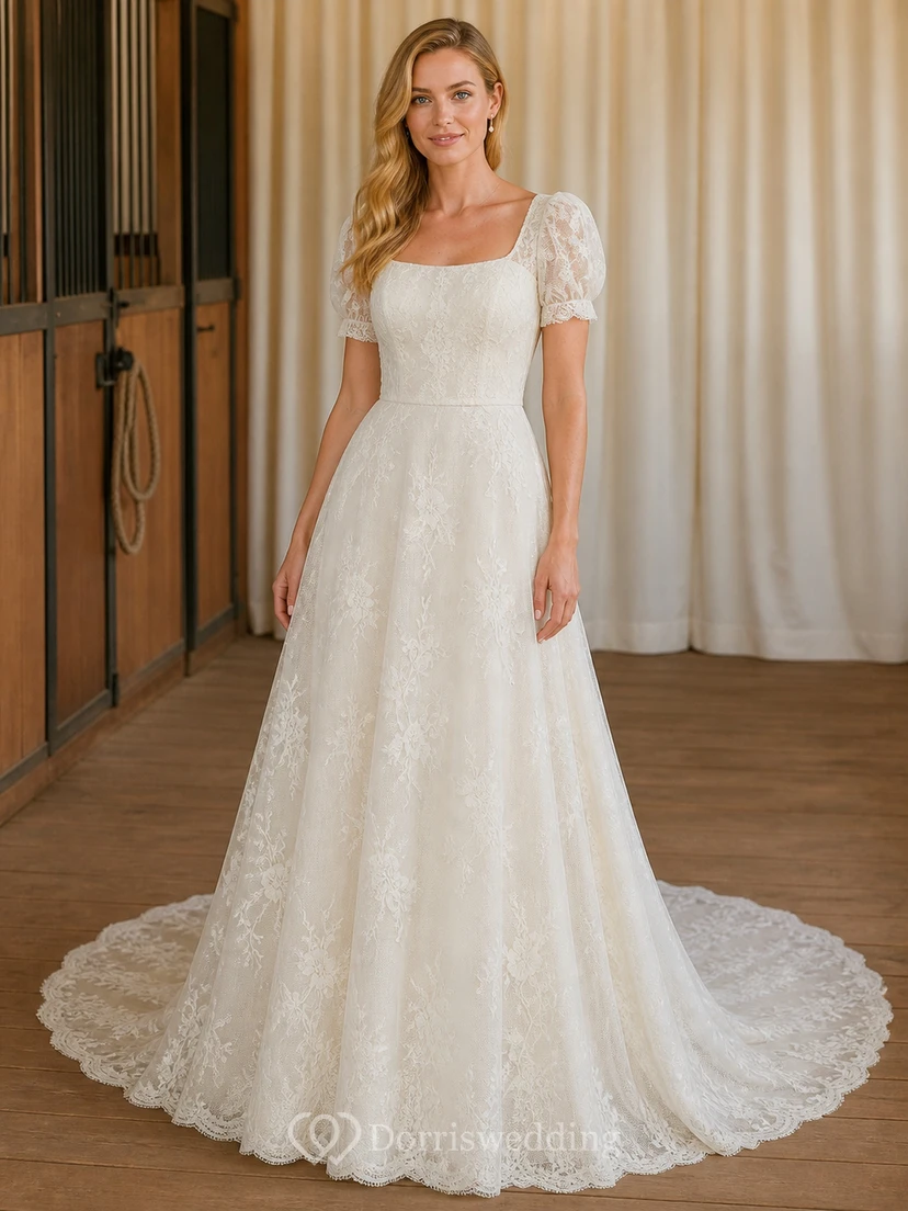 Vestido de novia romántico de corte A con escote cuadrado y mangas abullonadas, estilo catedral y encaje.