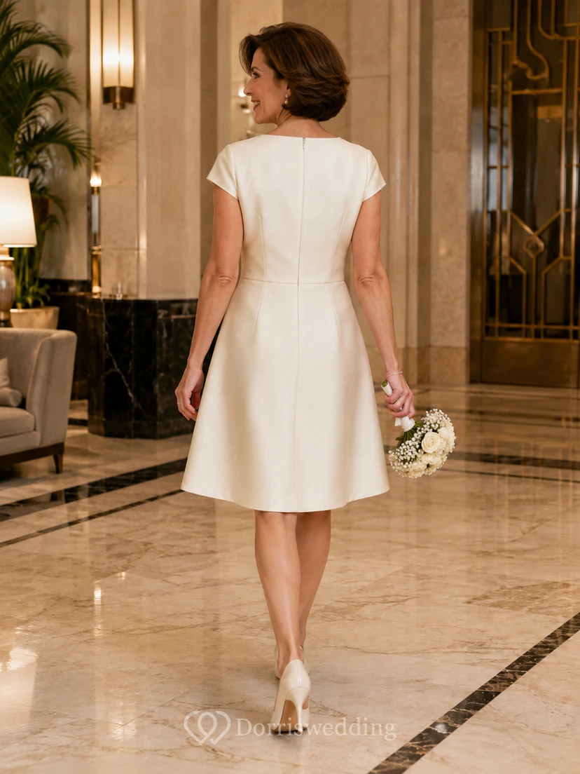 Robe de mariée simple et élégante pour femme mûre, manches bateau, en satin, coupe trapèze, longueur genou, idéale pour un mariage à la mairie. view 2