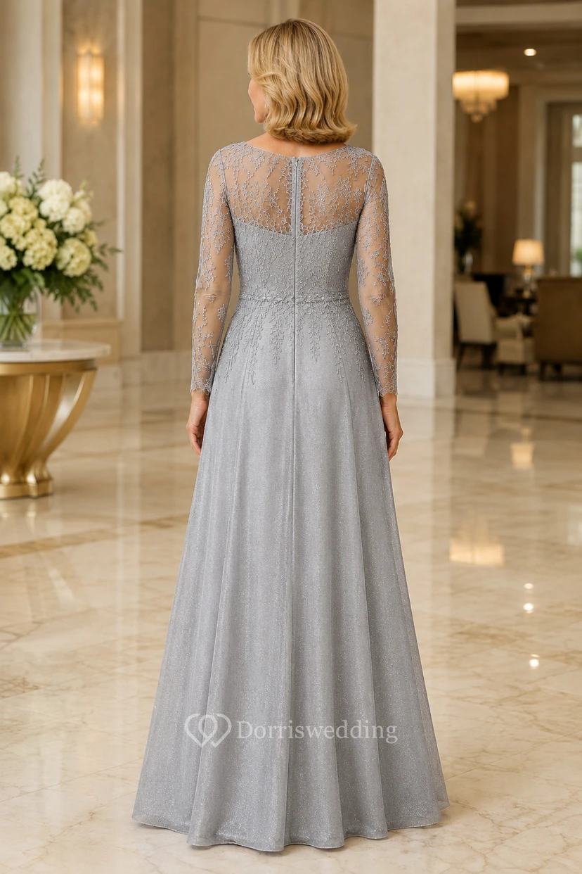 Mutterkleid aus silberner Spitze und Tüll in A-Linie view 2