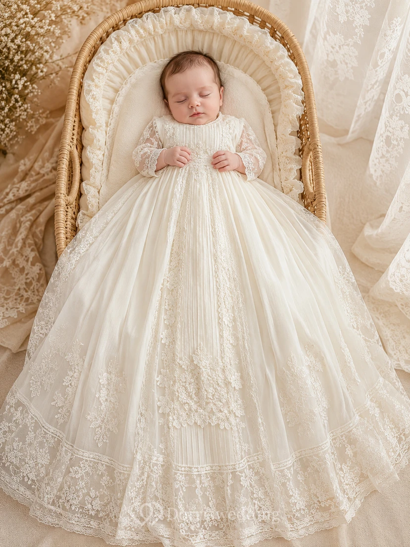 Christening Gown A-Line Lace Tulle High Neck Long Sleeve Center Applique view 2