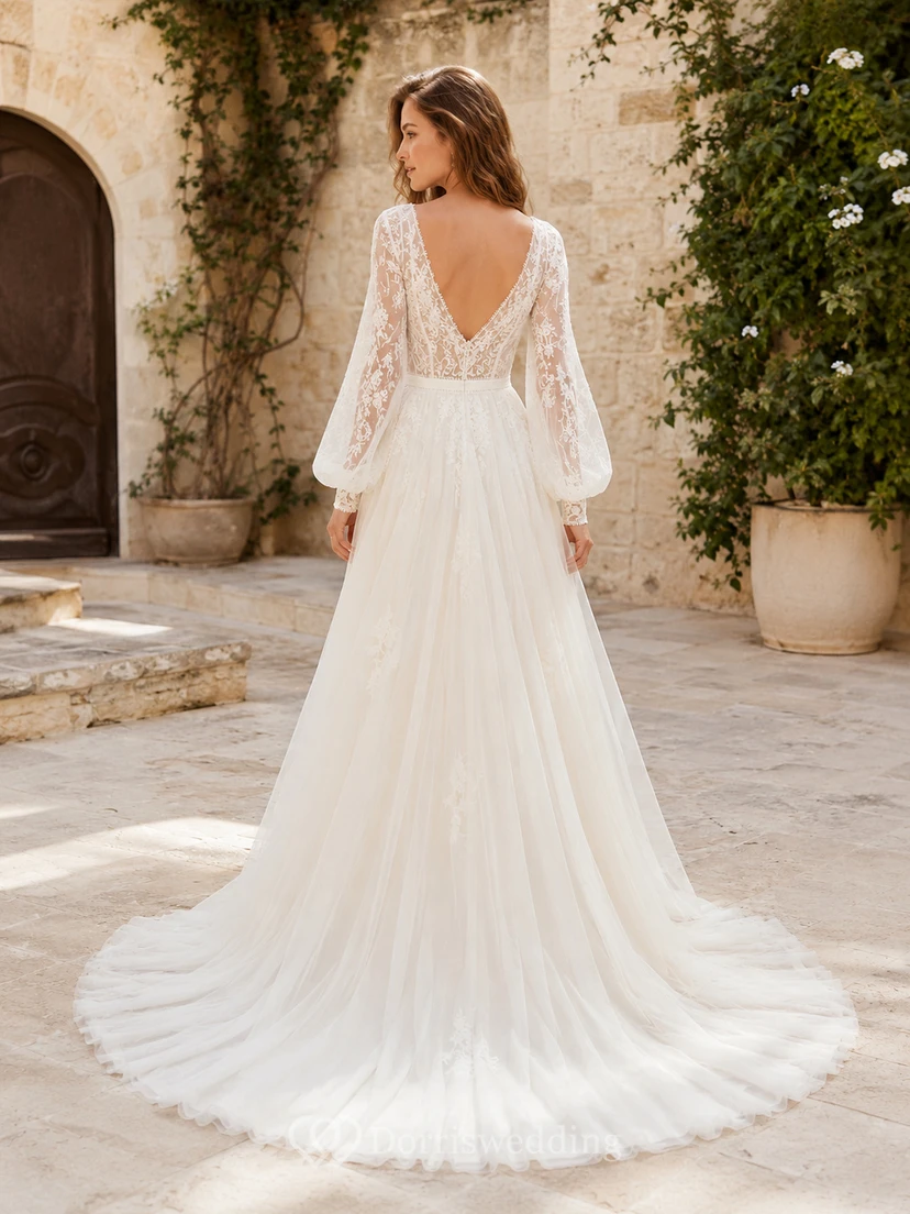 Elegantes Chiffon-Spitzenkleid mit tiefem V-Ausschnitt, Bischofsärmeln, A-Linien-Form, Schleppe und Oberteil – ideal für eine Hochzeit im Wintergartenstil view 2