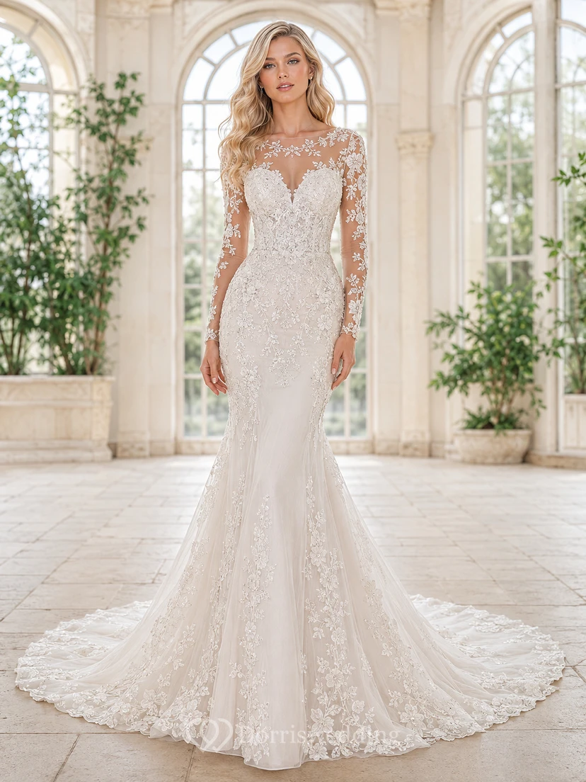 Robe de mariée sirène en dentelle sur mesure, col montant, manches longues, traîne chapelle, applications florales, style jardin