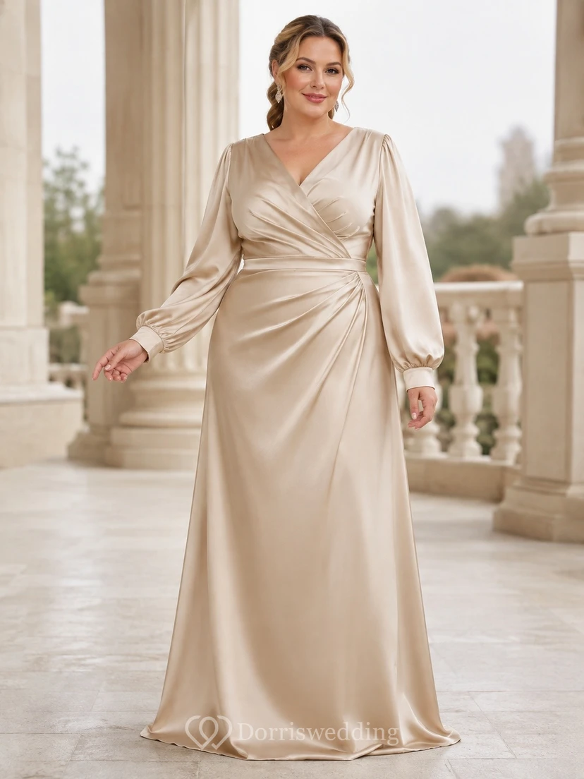 Elegant Plus Size Cowl Neck Long Sleeve Floor-length Satin Sheath Formal Dress