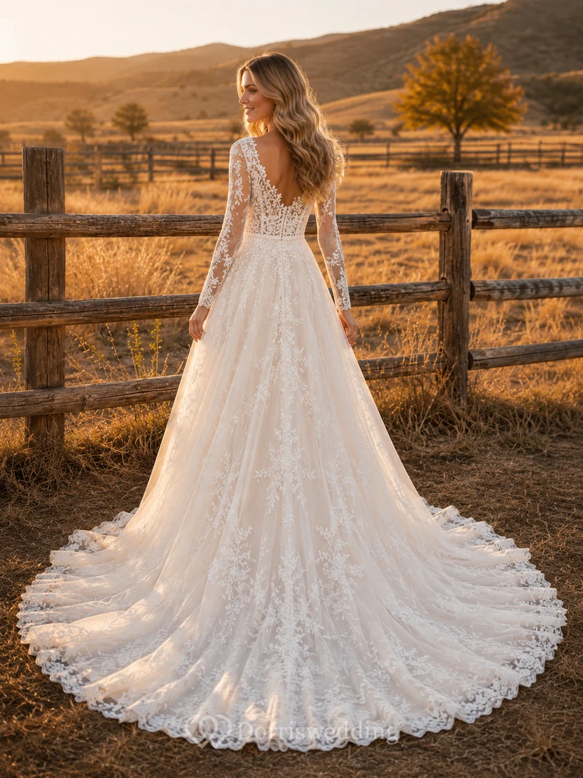 Western Long Sleeve Lace High Low Ranch Bridal Gown view 2