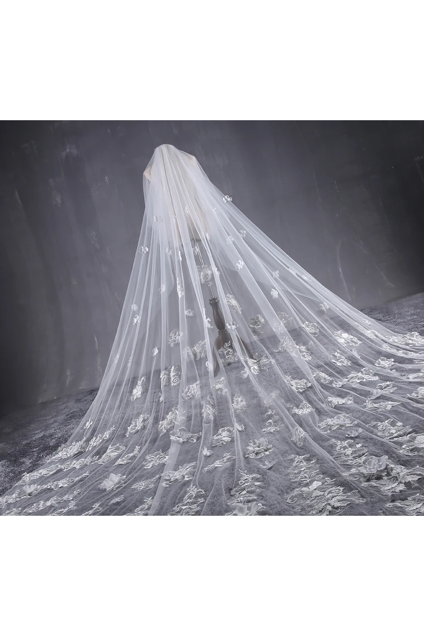 New Beautiful Long Tailed Bride Wedding Veil with Lace Flower view 2