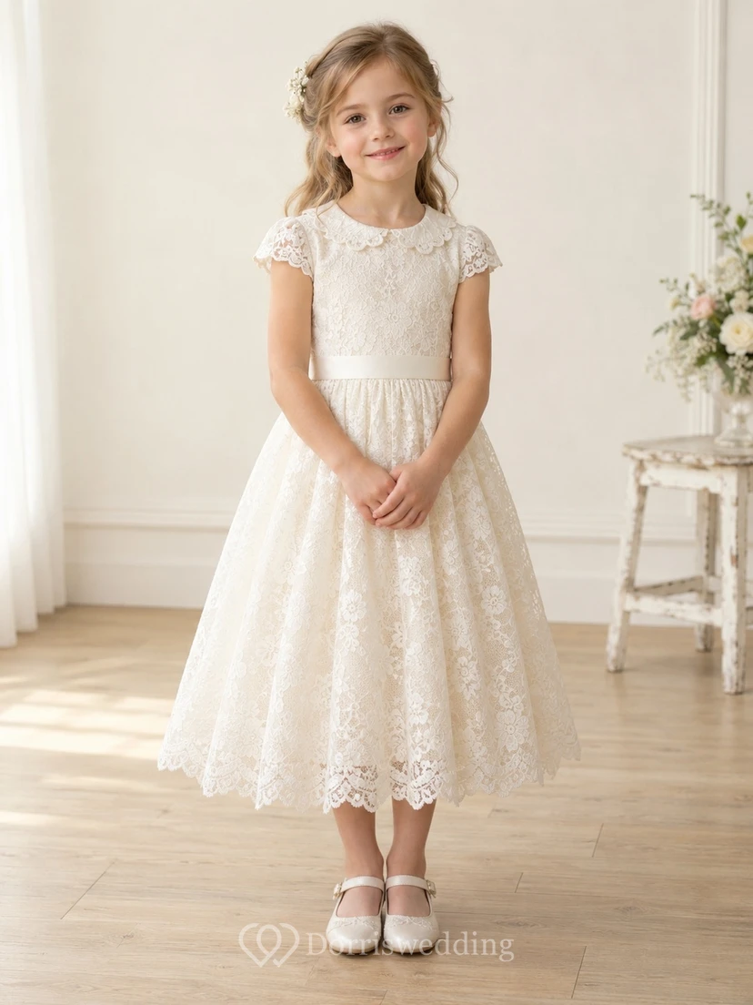 Vintage Tea-length Ivory Floral Jewel Scalloped Collar Cap Sleeve A-Line Gathered Lace Sash Flowergirl Dress
