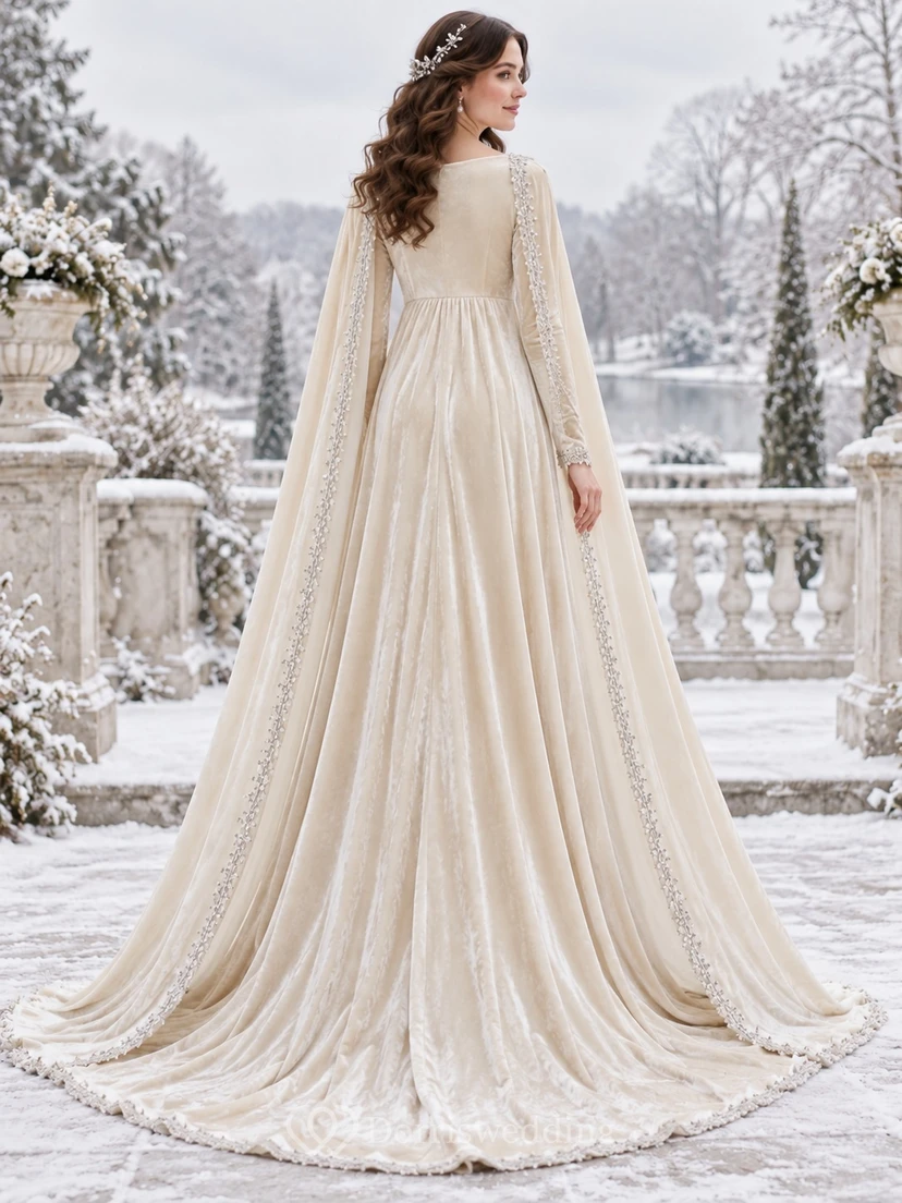 Vestido de novia de corte A con capa de terciopelo y cuello joya de manga larga y modesto estilo invierno view 2