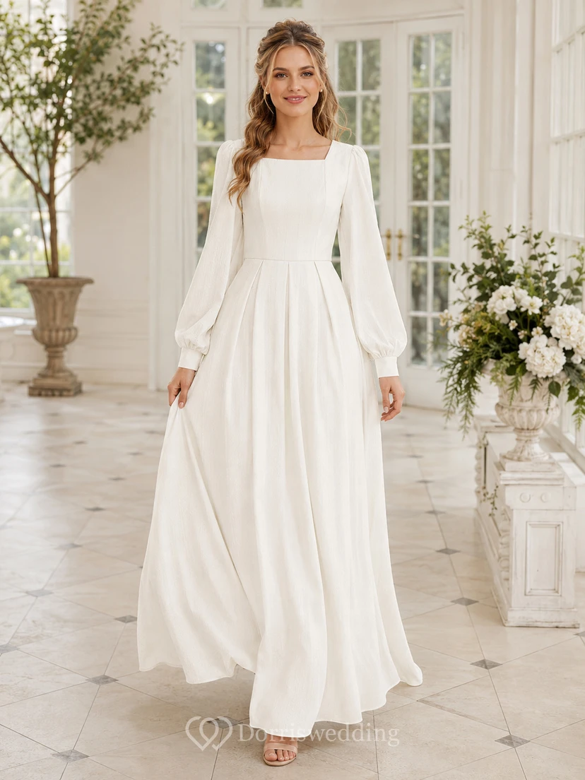 Robe de mariée romantique et modeste en mousseline, coupe trapèze, longueur au sol, manches longues carrées, style temple LDS