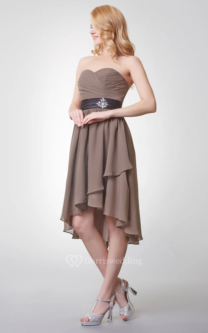 Sweetheart Ruched Tiered Short Chiffon Dress With Beaded Detailing view 2
