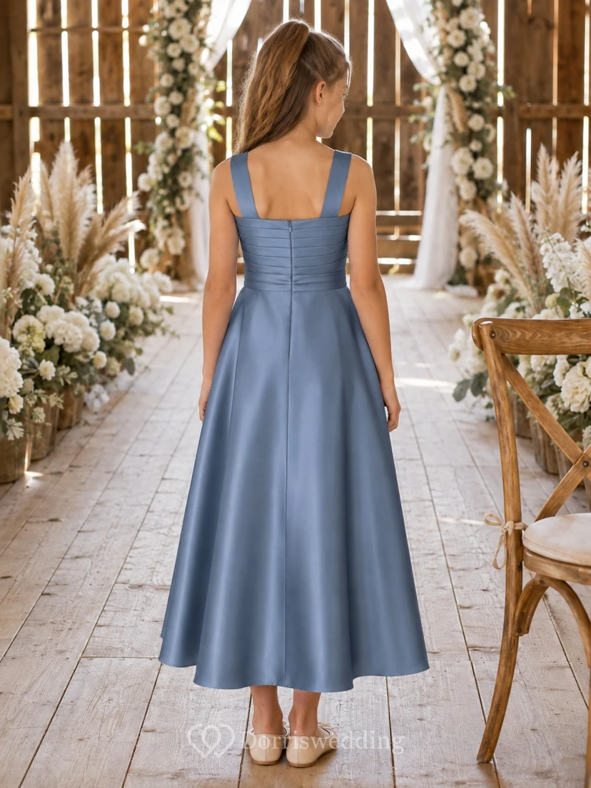 Stahlblaues Brautjungfernkleid für junge Mädchen, A-Linie, ärmellos, mit Falten, romantisch view 2
