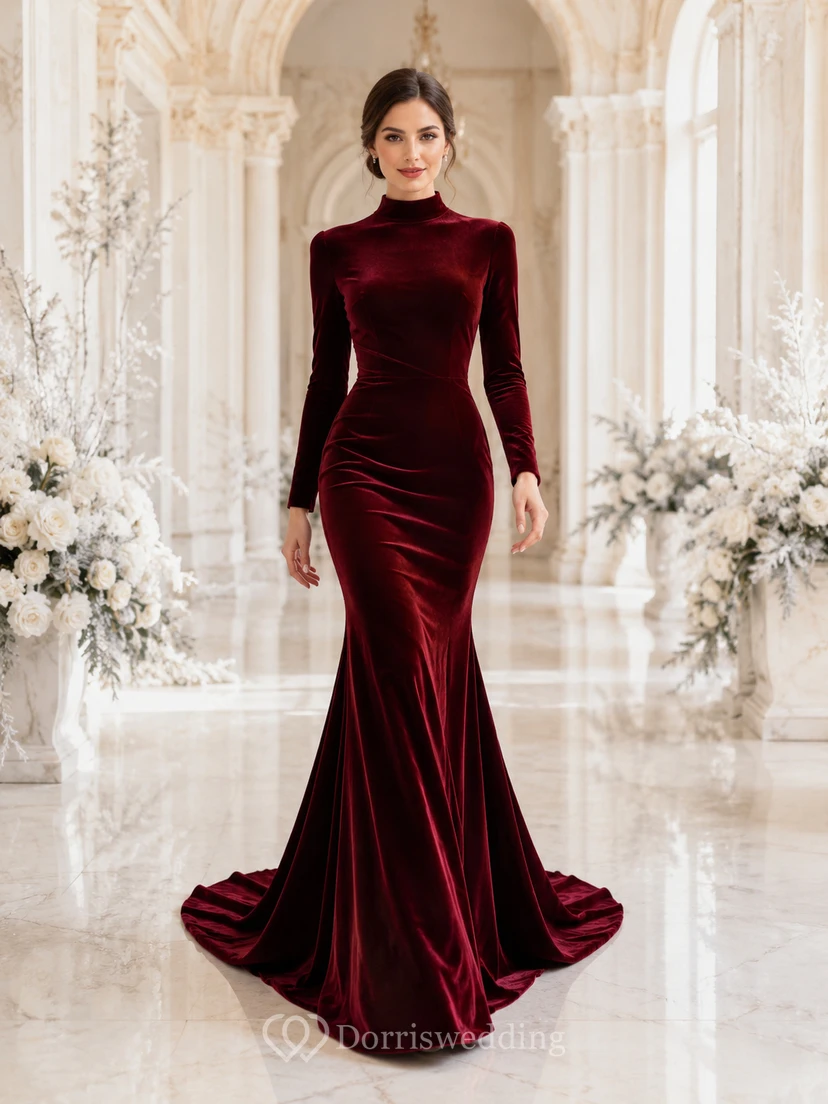 Robe de mariée sirène en velours bordeaux à col montant et manches longues